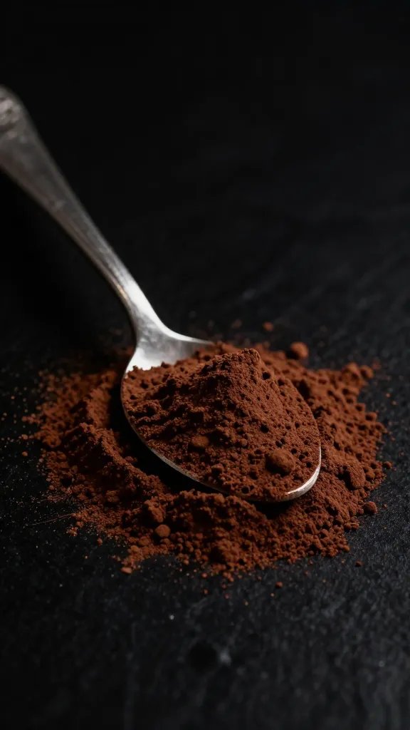 spoonful of cacao powder against black background, dramatic side light