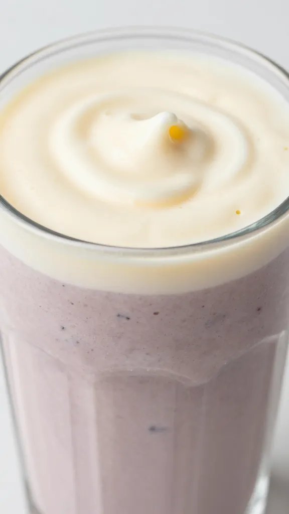 closeup blueberry vanilla smoothie in clear glass, creamy texture