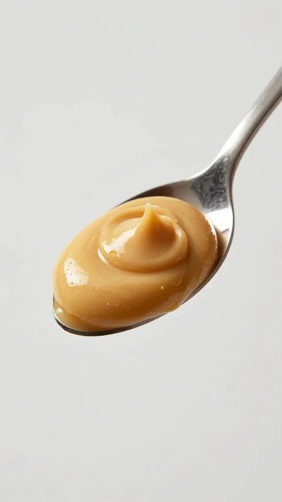 swirl of almond butter on stainless spoon, studio lighting