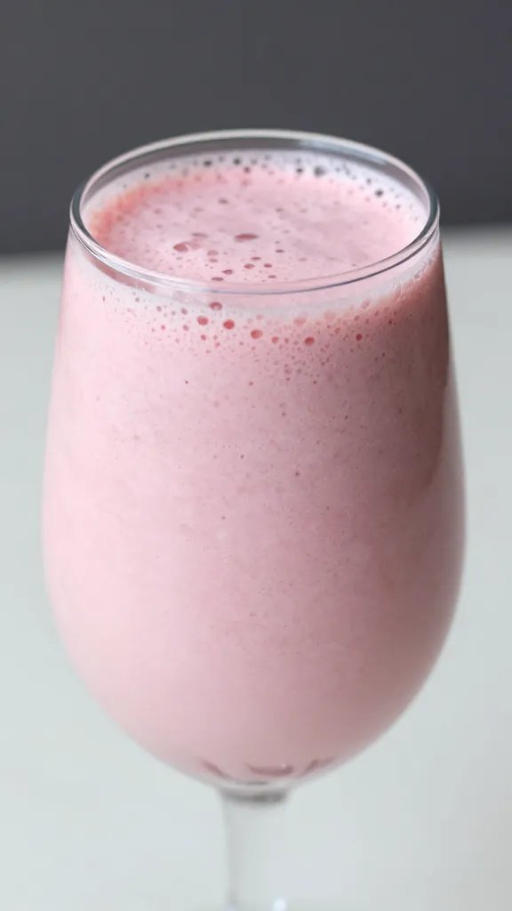 closeup pink raspberry vanilla smoothie in clear tulip glass