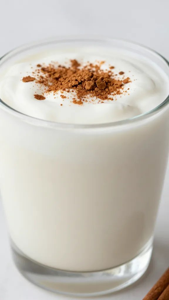 closeup apple cinnamon yogurt smoothie in clear glass