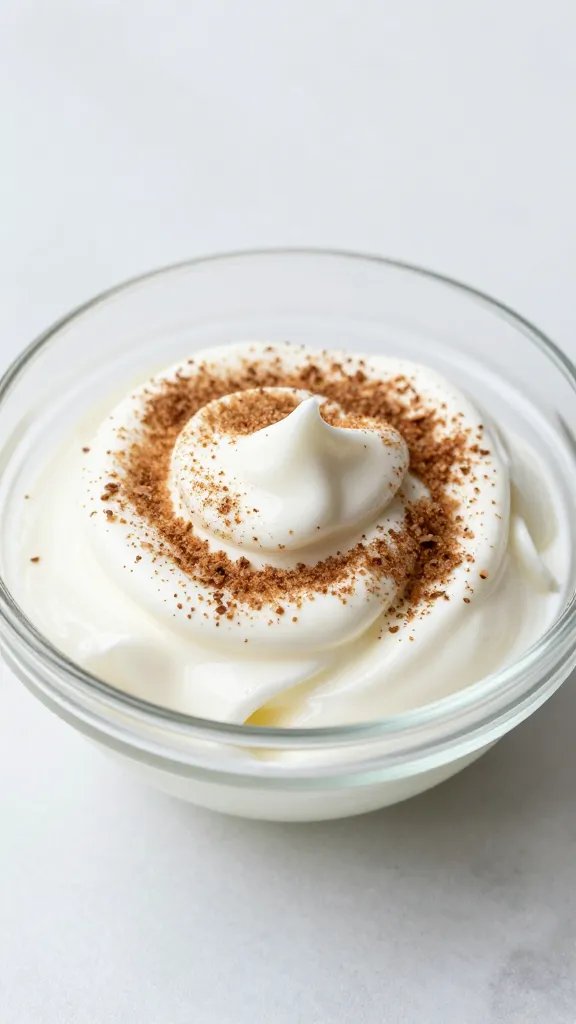 cinnamon-dusted yogurt swirl in small glass bowl