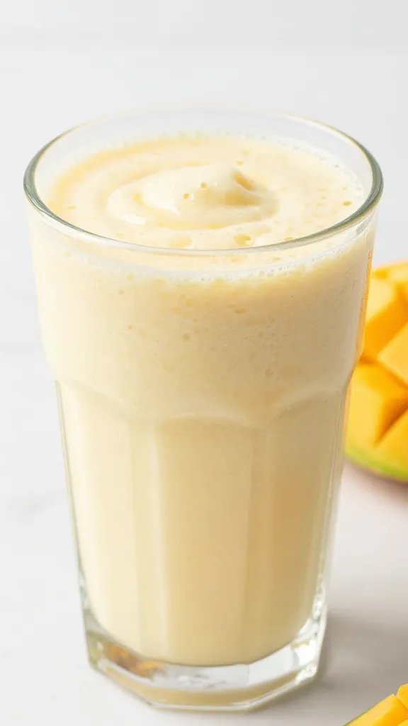 frosty mango coconut smoothie in clear glass, closeup