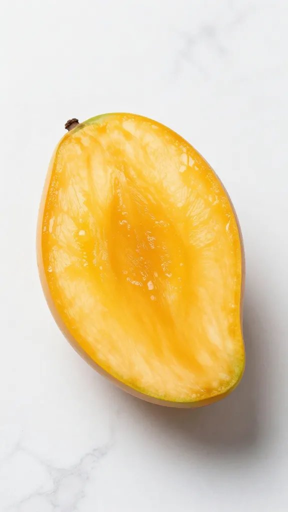 single ripe mango half on white marble, macro