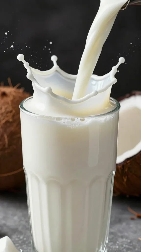 coconut milk splash into smoothie glass, high-speed closeup