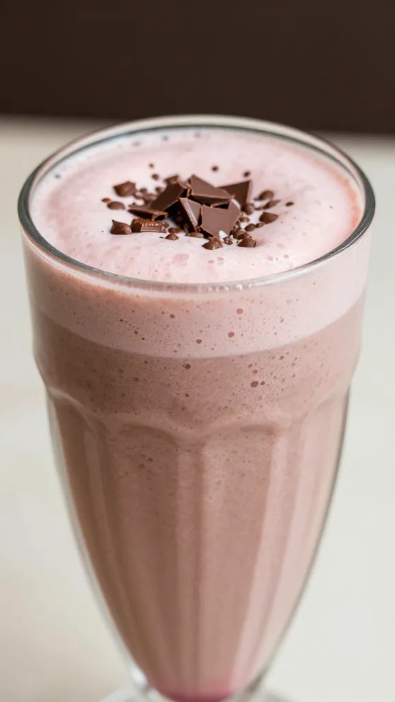 closeup of strawberry chocolate smoothie in clear glass