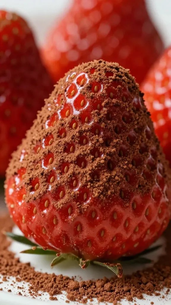 ripe strawberry coated in cocoa powder, extreme closeup