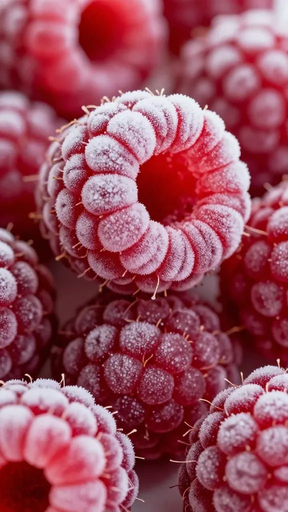 single heap of frozen raspberries with frost crystals, macro
