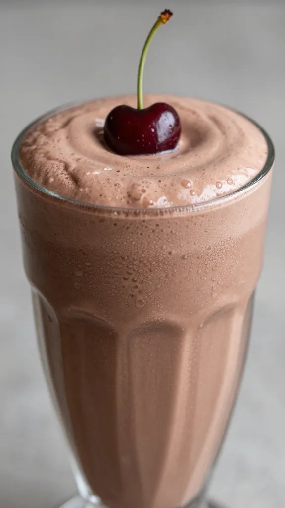 closeup tall glass of silky chocolate cherry smoothie, condensation