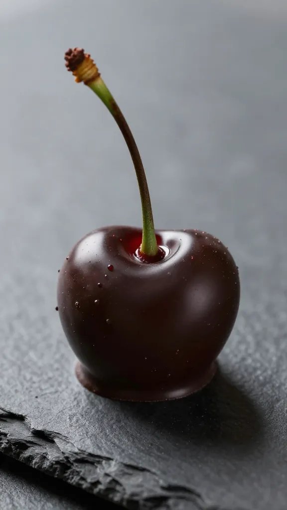 single dark chocolate-dipped cherry on slate, macro shot