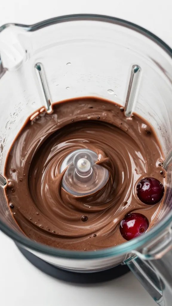 overhead blender jar with glossy chocolate cherry smoothie, swirl
