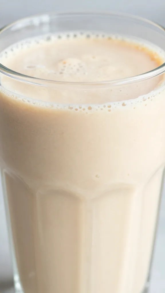 closeup of thick peach oat smoothie in frosty glass