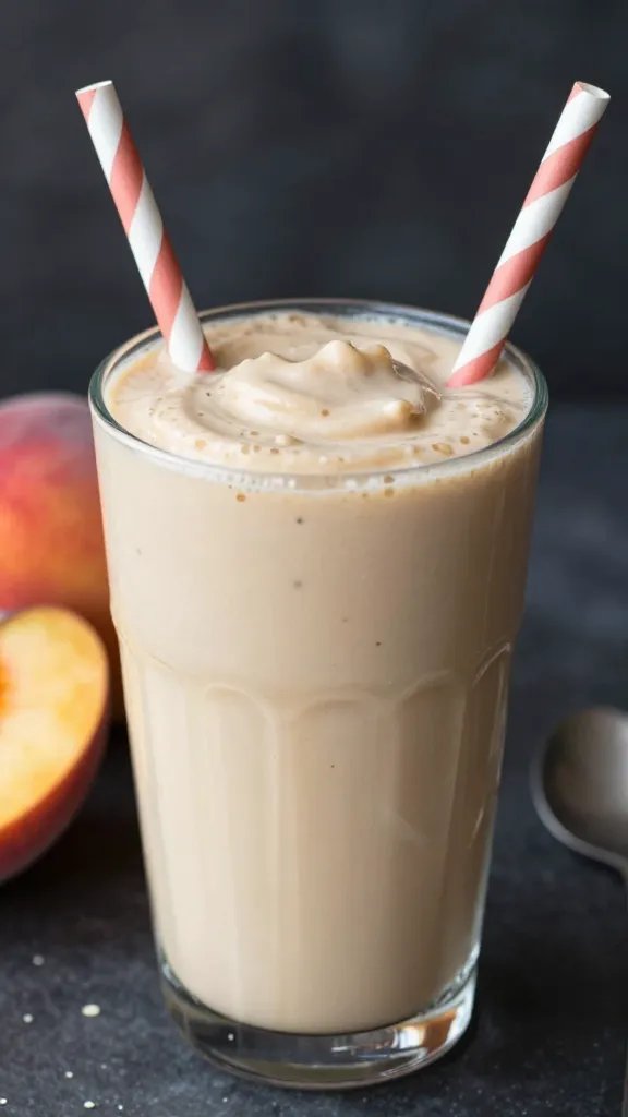 spoonful of creamy peach oat smoothie, drip detail