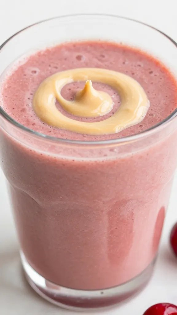 closeup tart cherry smoothie in clear glass, almond butter swirl