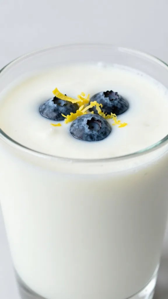 closeup blueberry kefir smoothie in clear glass, lemon zest garnish