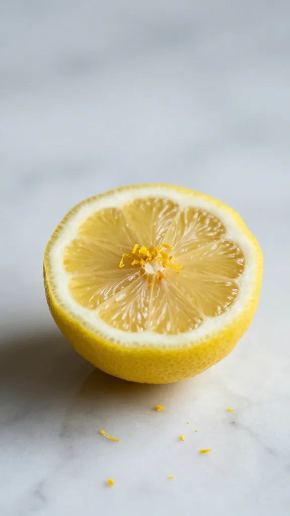 single lemon half with grated zest on marble, soft light