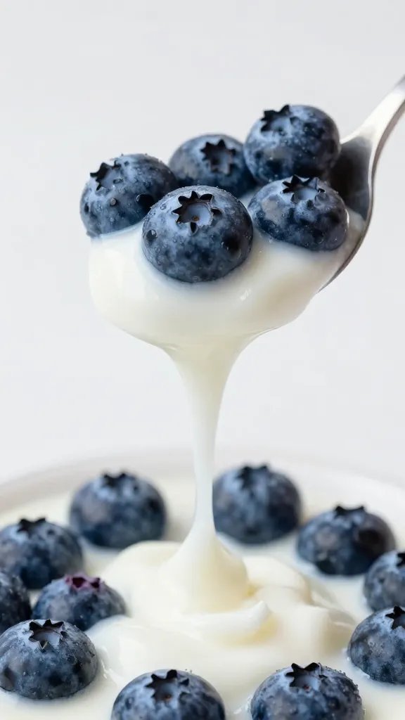 spoonful of fresh blueberries dripping kefir, macro shot