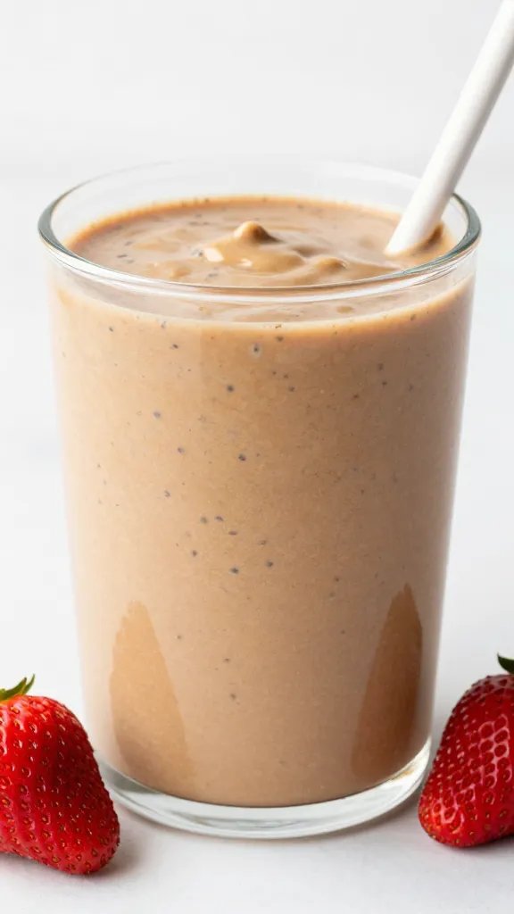 spoonful of peanut-butter smoothie showing strawberry chia ripple