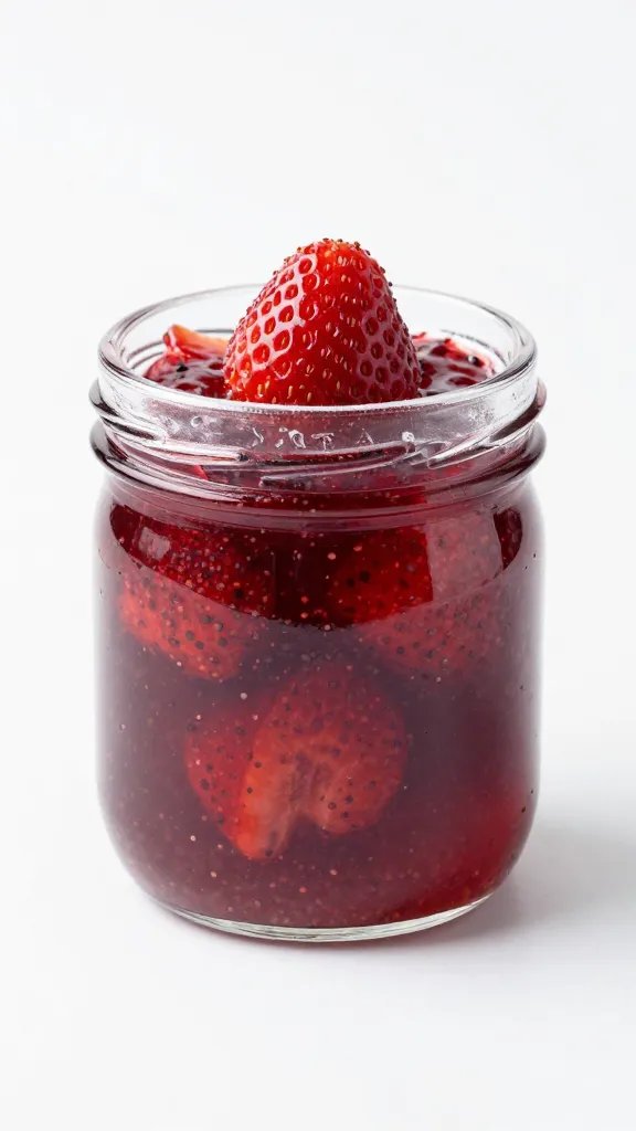 frozen strawberry chia jam in small glass jar, studio lit