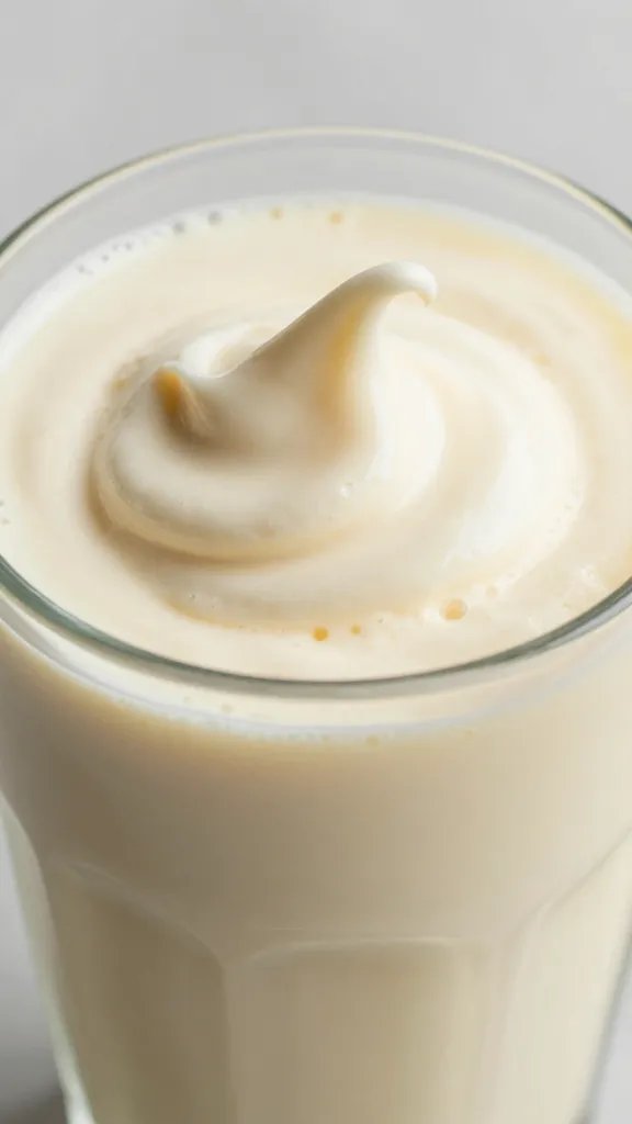 closeup glass of prune vanilla smoothie with thick swirl