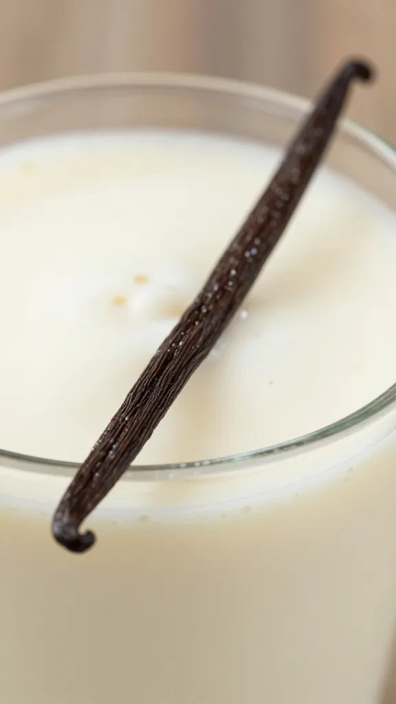 vanilla bean pod resting on smoothie rim, shallow depth of field