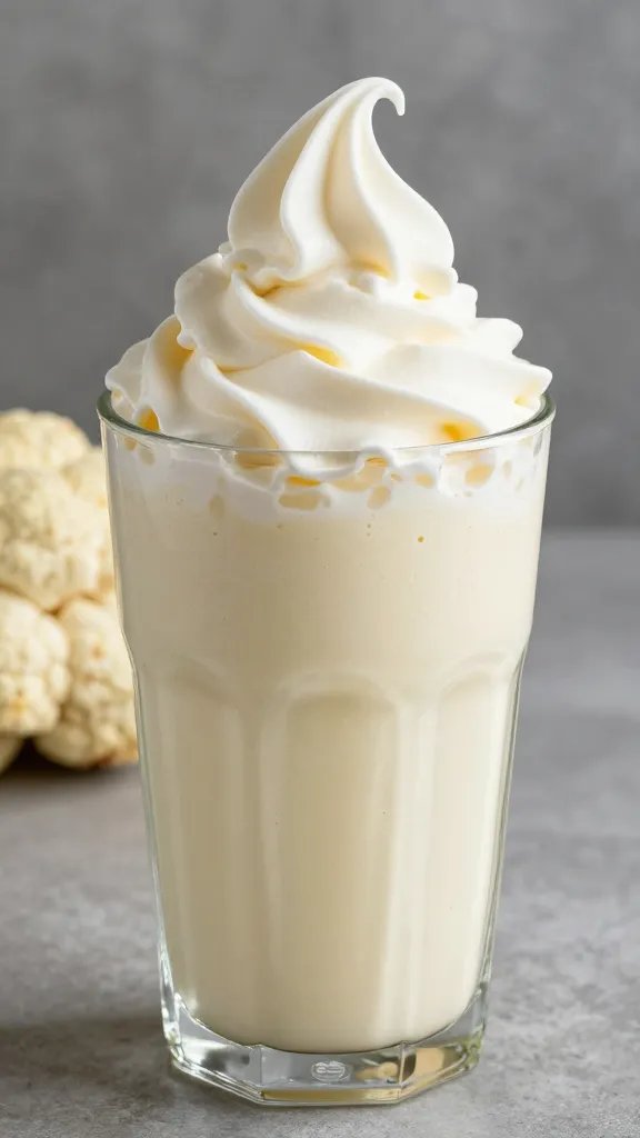 vanilla cauliflower smoothie in clear tumbler, soft-serve swirl top