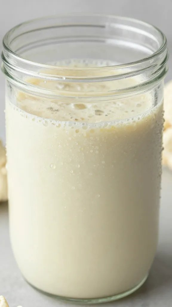 blender jar with creamy cauliflower smoothie, condensation droplets closeup