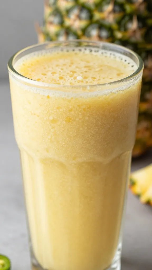 closeup of pineapple jalapeño smoothie in clear glass, condensation
