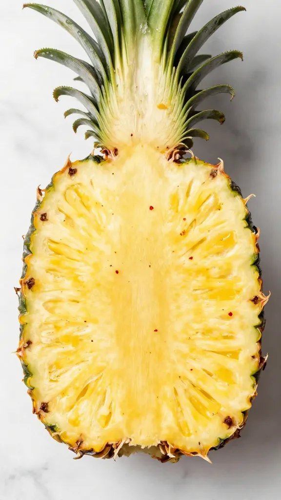 overhead shot of pineapple wedge with chili flakes on marble