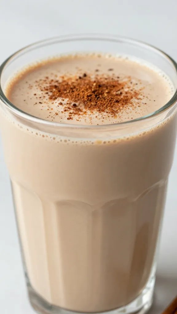 closeup chai oat smoothie in clear glass, cinnamon dusted