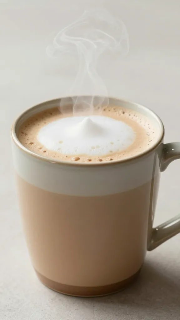 steaming warm chai oat smoothie in ceramic mug, latte foam