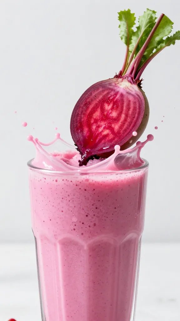 single fresh beet slice splashing into pink smoothie
