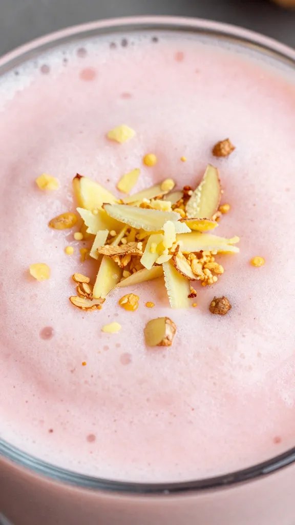 macro shot of grated ginger atop pink smoothie foam