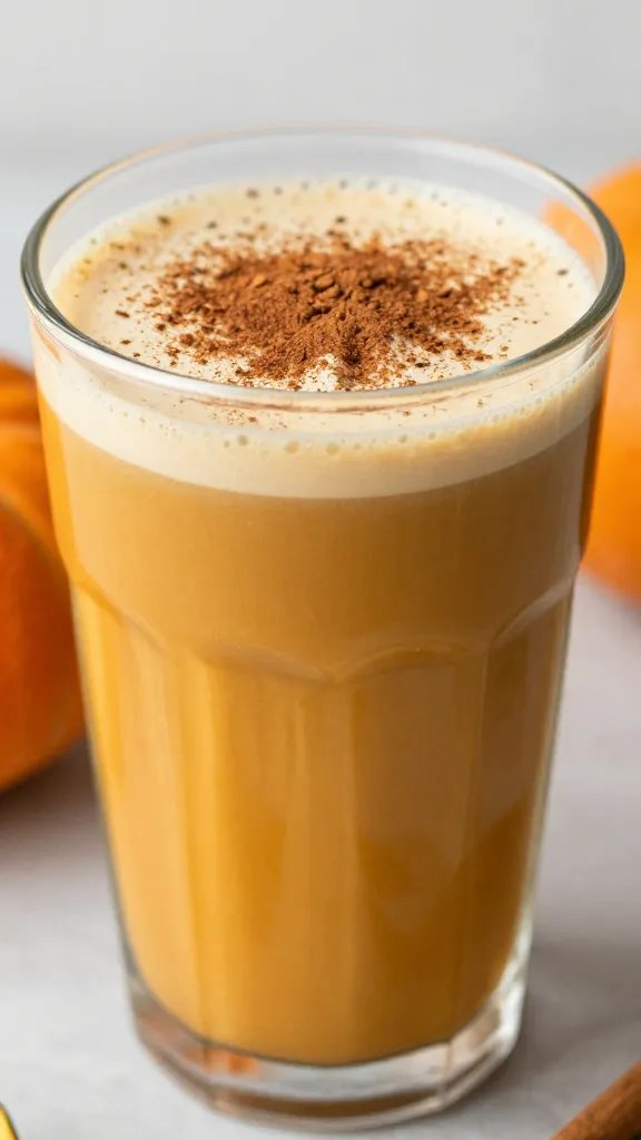 closeup pumpkin espresso smoothie in clear glass, cinnamon dusted