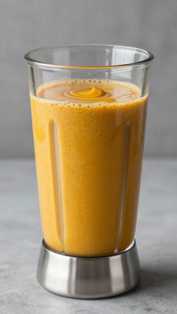 stainless blender jar with pumpkin espresso smoothie, velvety swirl