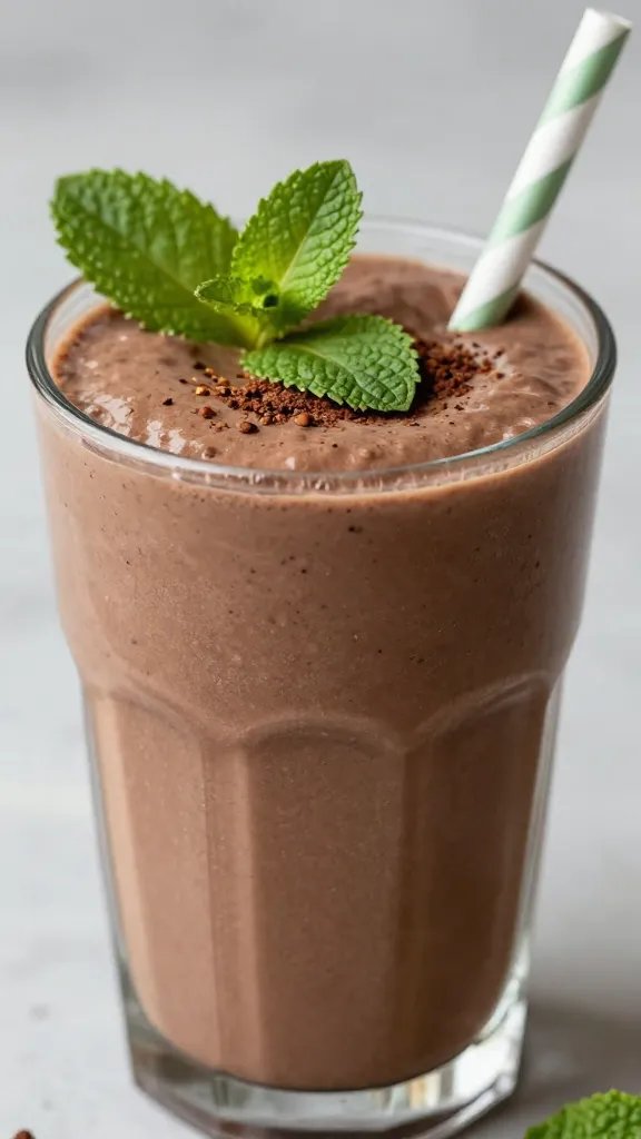 closeup of avocado mint chocolate smoothie in clear glass