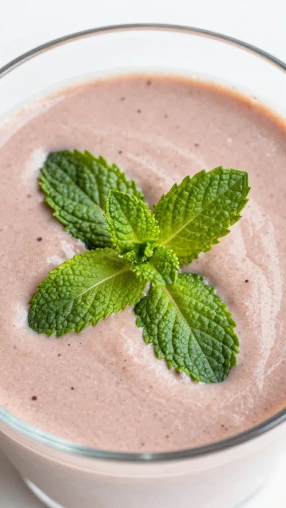 cacao-dusted mint leaf garnish on smoothie surface, macro shot