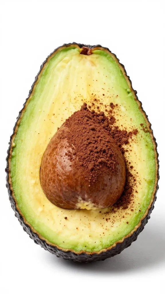 halved ripe avocado with cocoa powder sprinkle, studio lighting