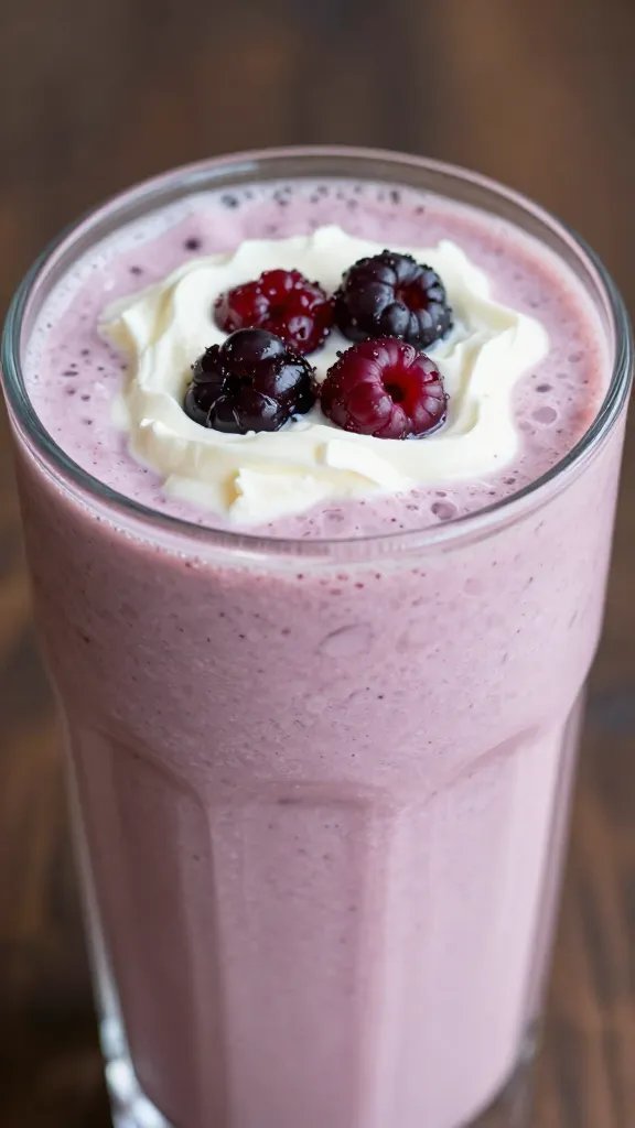 closeup of berry cottage cheese smoothie in clear glass