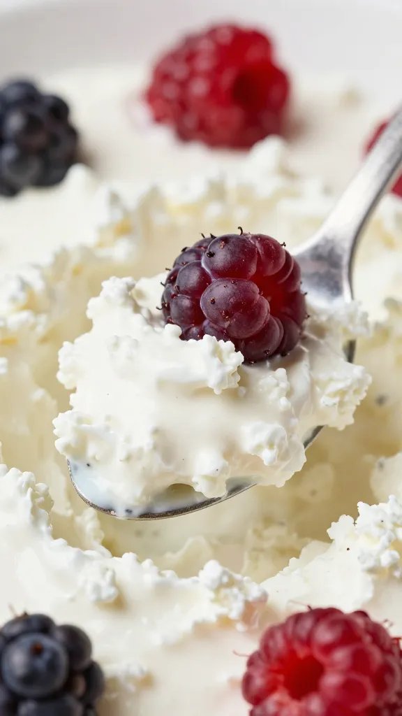 spoonful of creamy cottage cheese with berries, macro