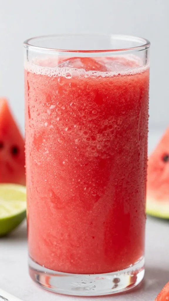 Closeup watermelon lime electrolyte smoothie in clear glass, condensation