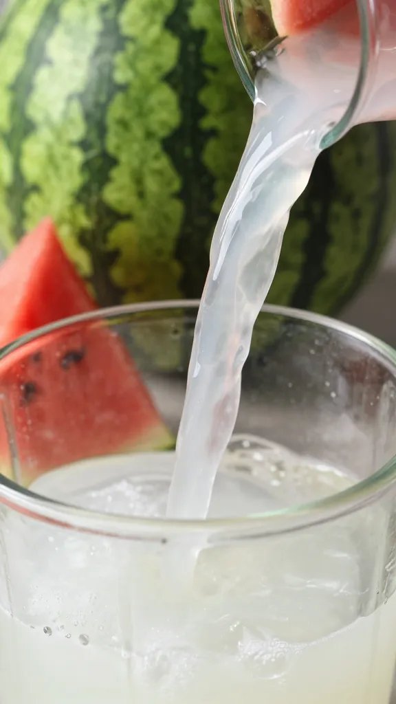 Pouring coconut water into blender with watermelon, macro shot