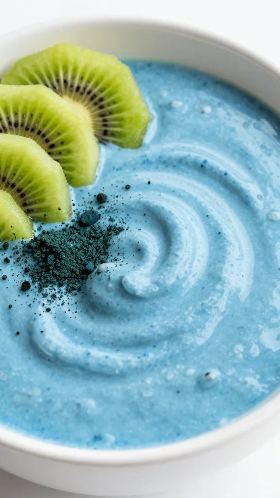 closeup blue spirulina smoothie bowl with sliced kiwi garnish