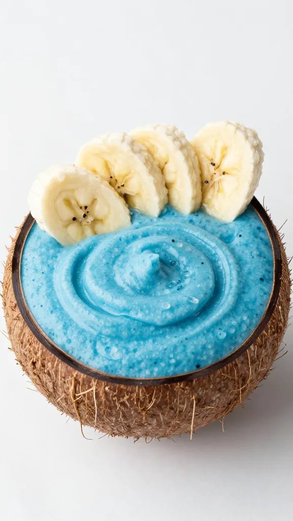 coconut-bowl blue smoothie topped with banana fan, overhead shot