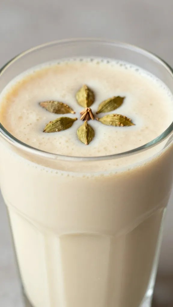 closeup pear cardamom smoothie in clear glass, soft daylight