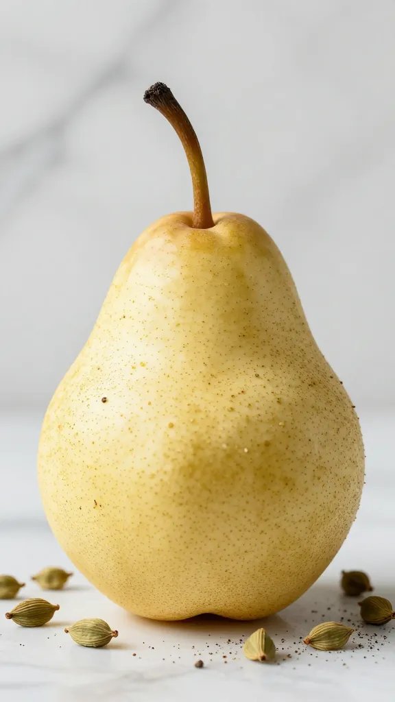 single ripe pear with sprinkled cardamom pods, marble backdrop