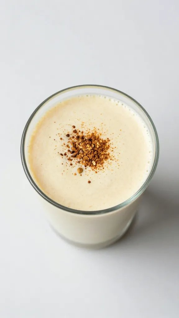 overhead shot of smoothie topped with cardamom dust, minimal styling