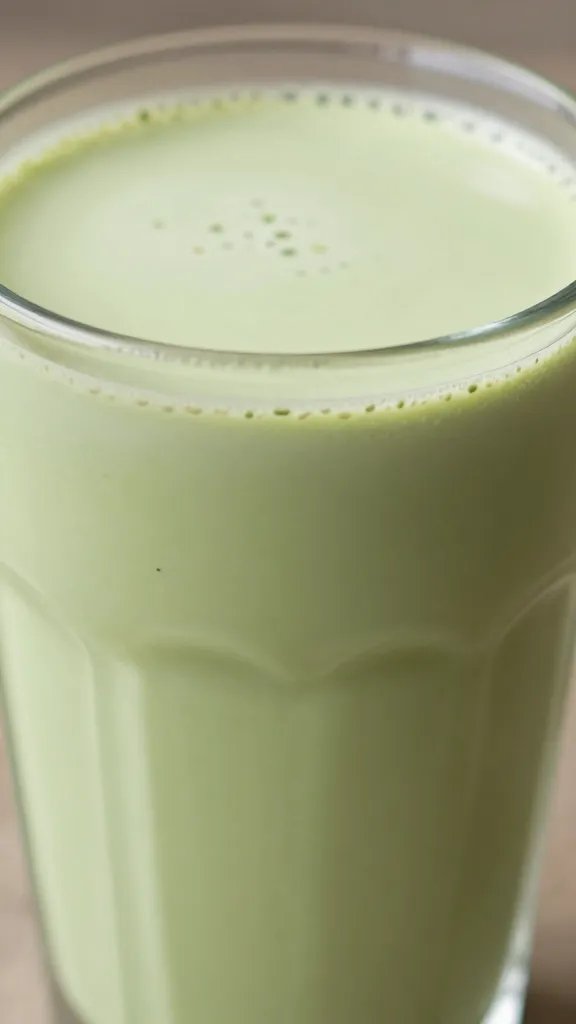 closeup pale-green matcha sesame smoothie in clear glass