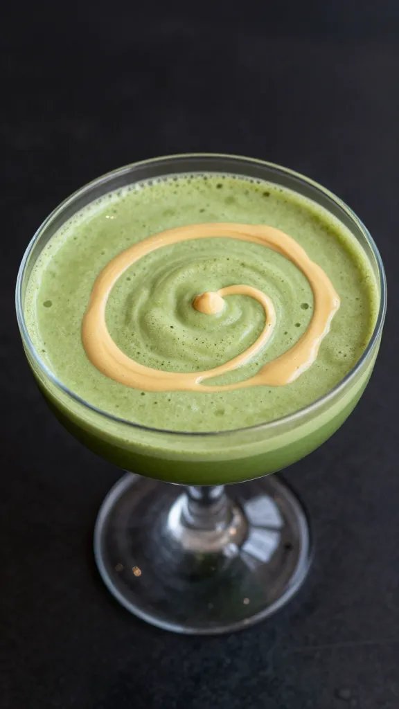 overhead shot of tahini-drizzled matcha smoothie in coupe
