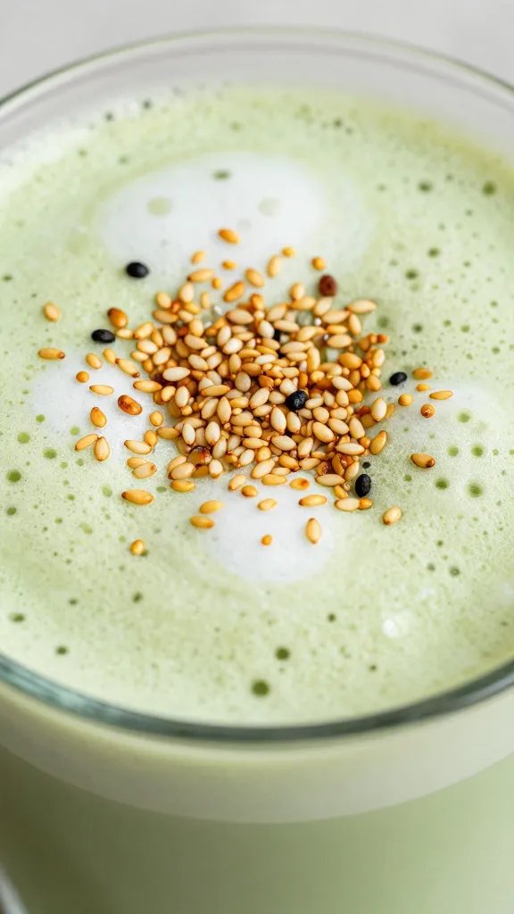macro of toasted sesame garnish on frothy matcha smoothie